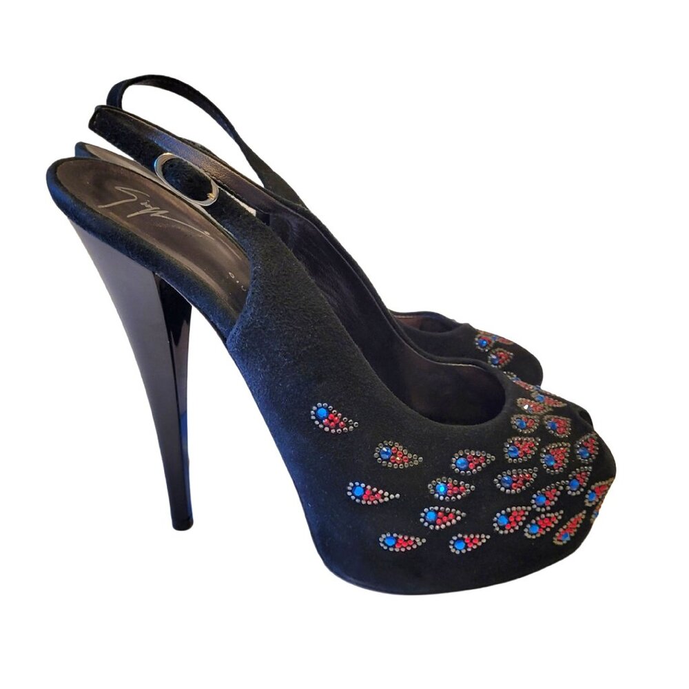 Giuseppe Zanotti Peacock Embellished Suede Peep Toe Slingback Platform Stilettos